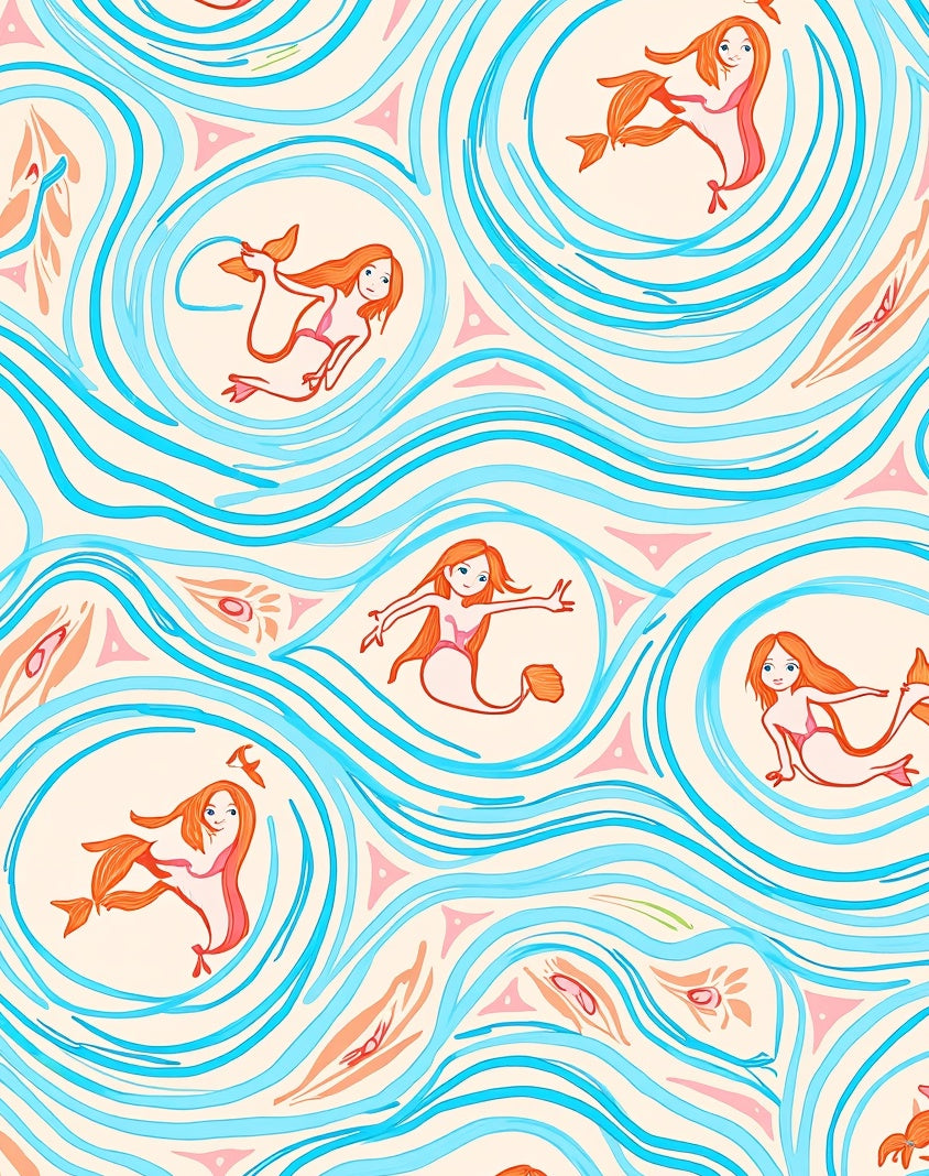 Playful Mermaid Ocean Waves Pattern Rug