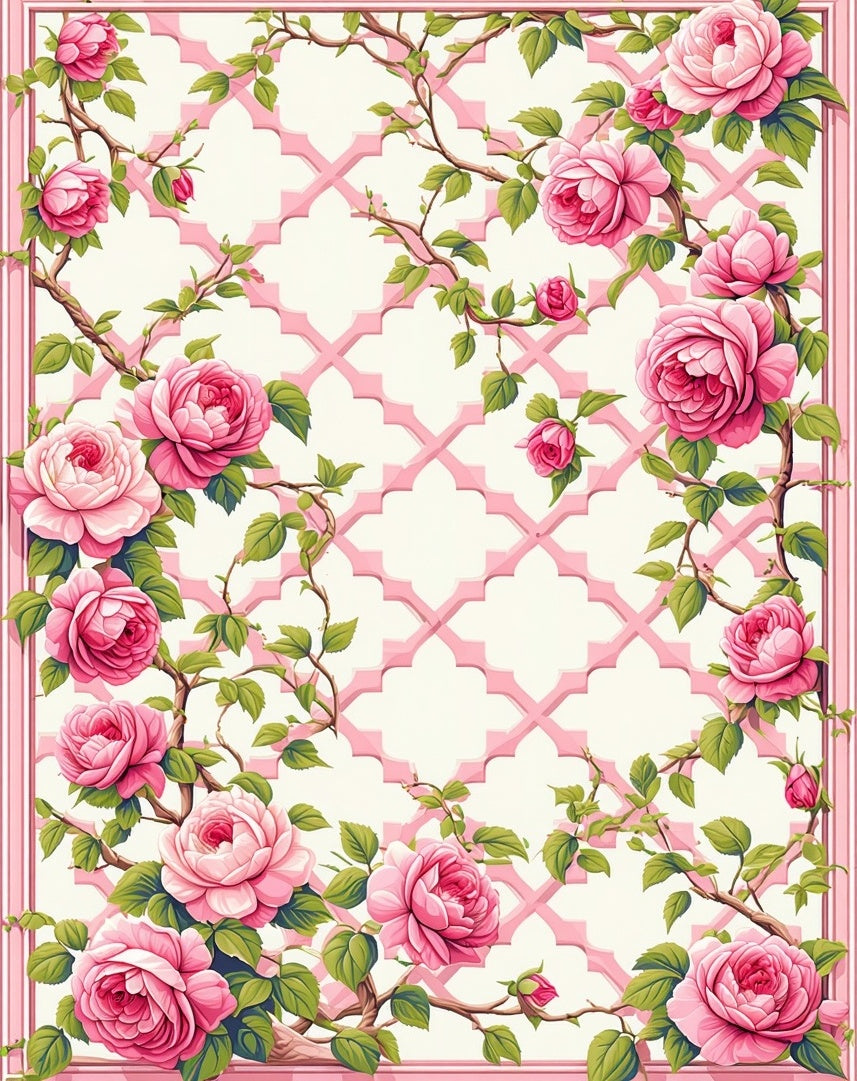 Pink Rose Vine Lattice Design Rug