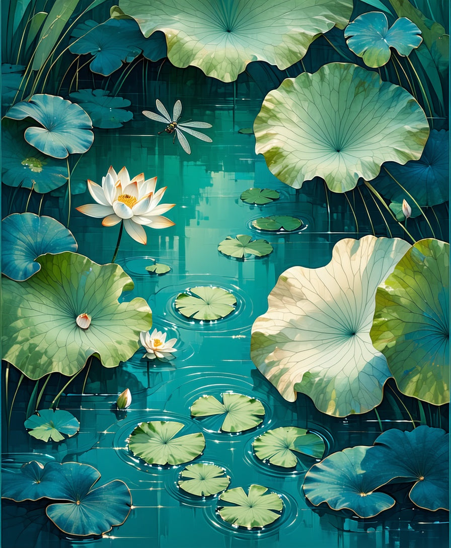 Serene Water Lily Dragonfly Pond Design Rug