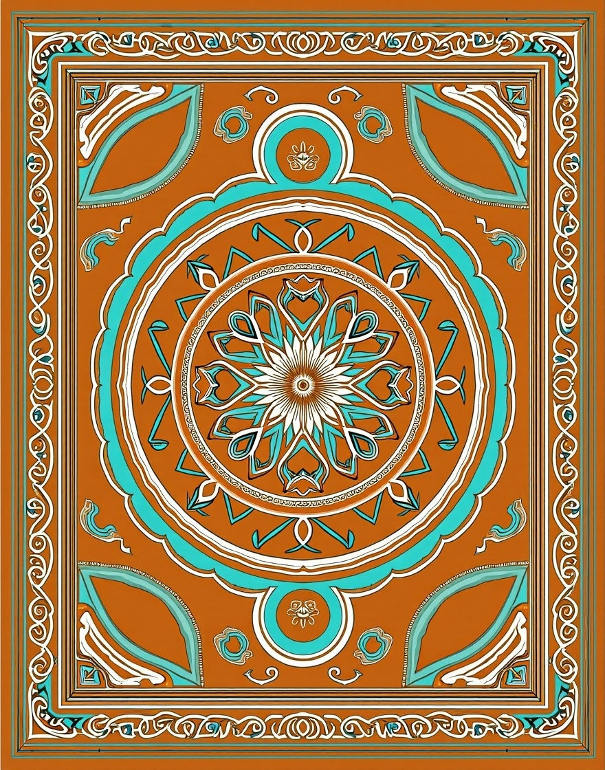 Mandala Border With Turquoise Accents Rug