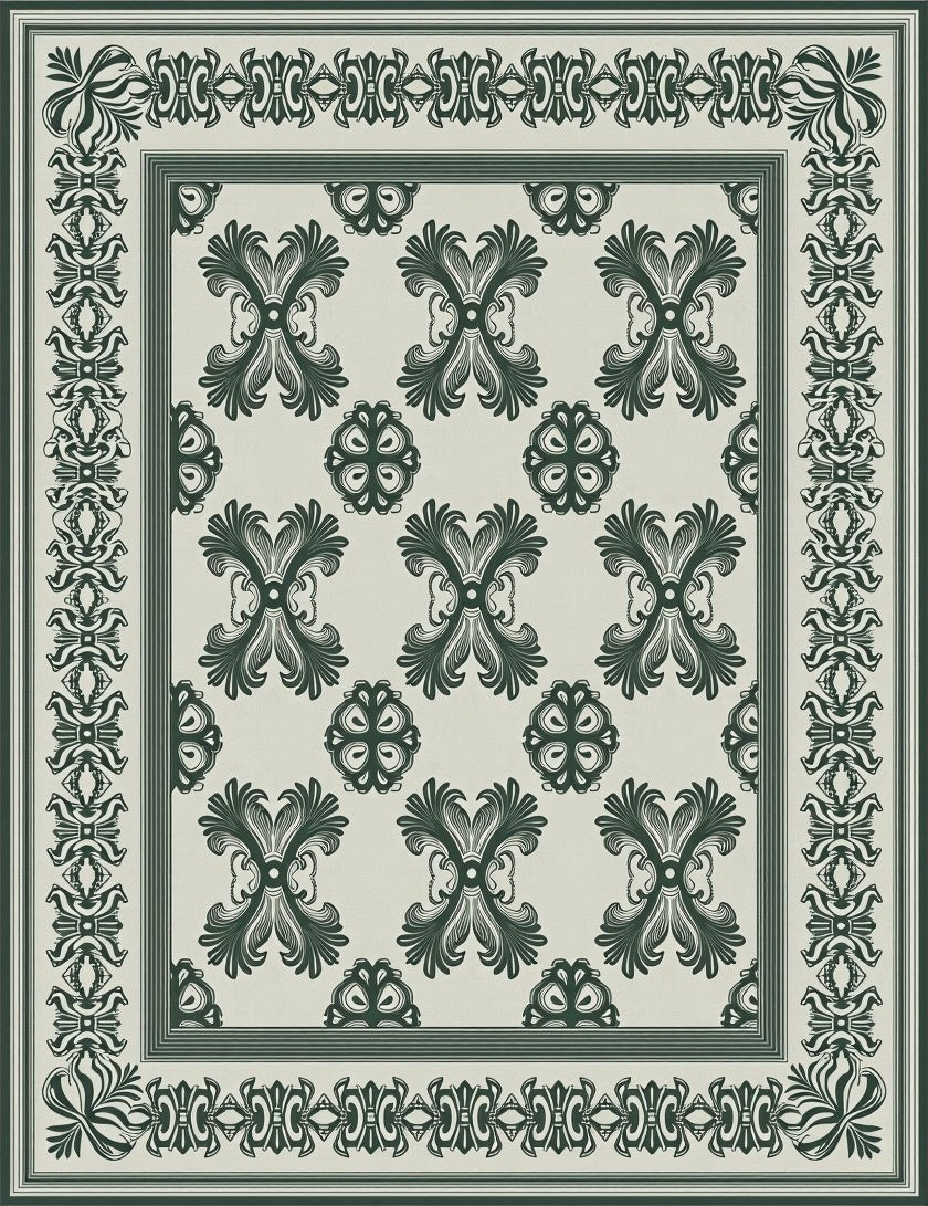 Dark Green Scrollwork Border Medallion Rug
