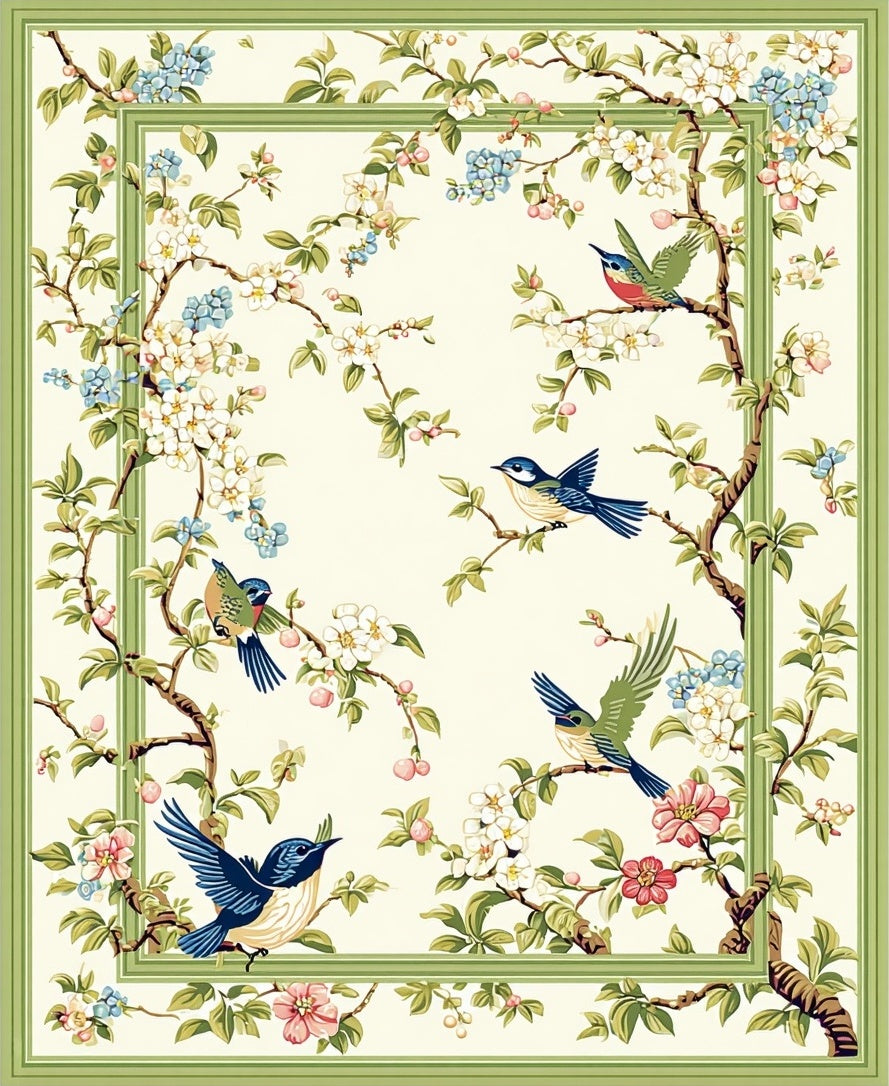 Charming Botanical Bird Branches Design Rug