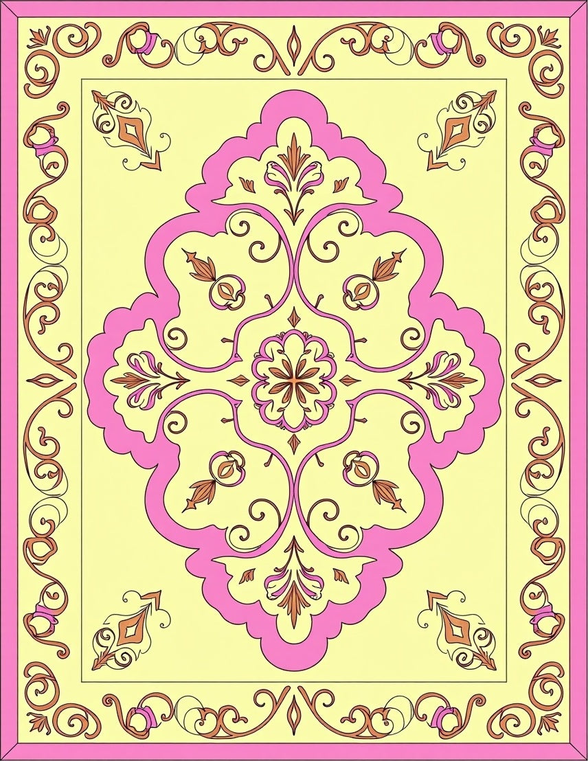 Ornate Pink Yellow Floral Medallion Rug