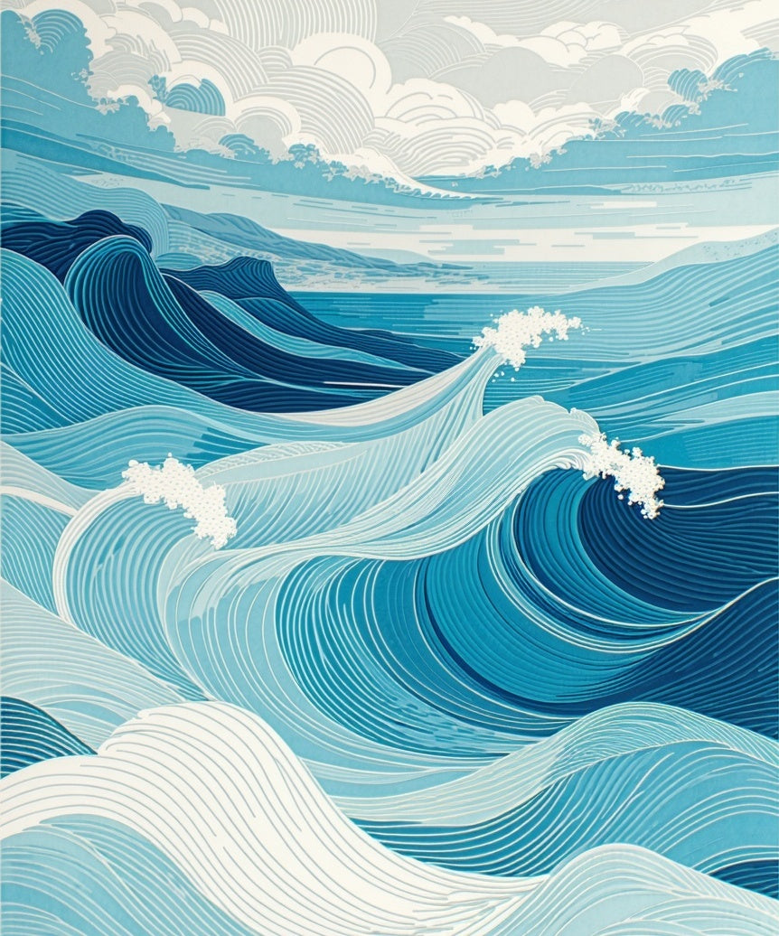 Seascape Waves Blue Scenic Design Rug