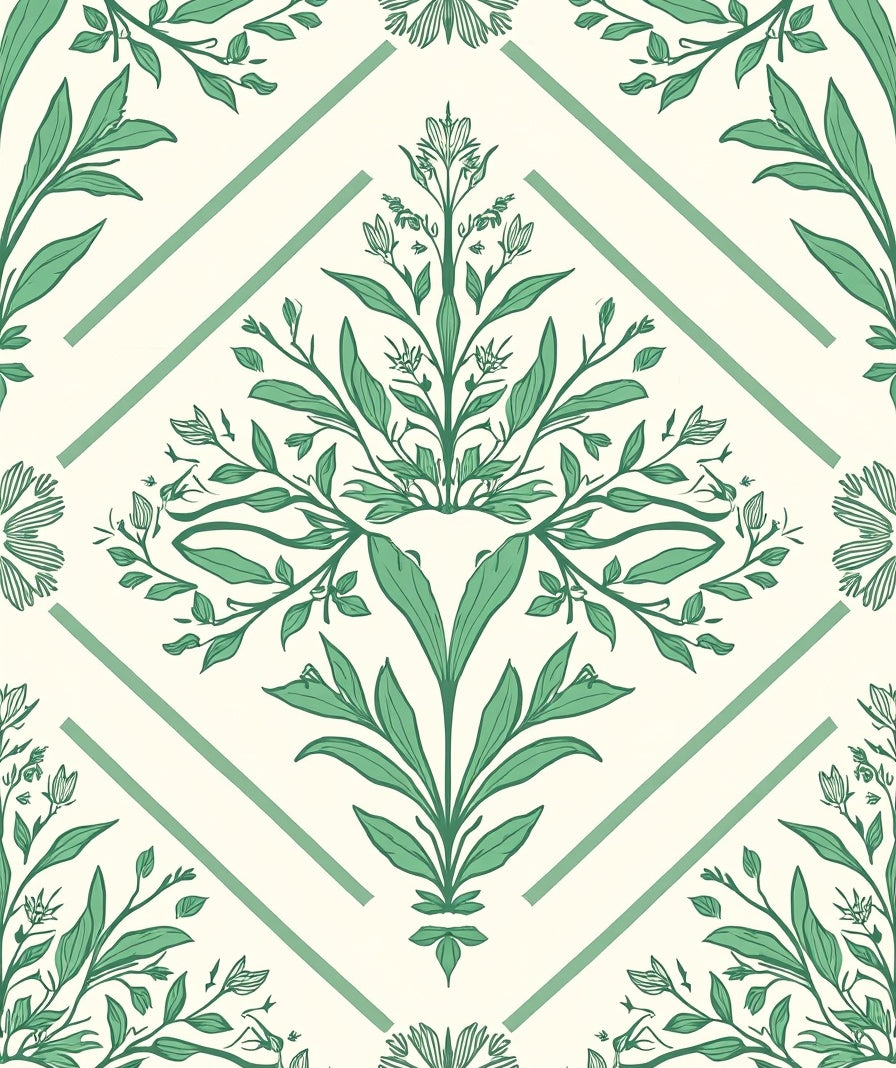 Green Botanical Diamond Pattern Rug