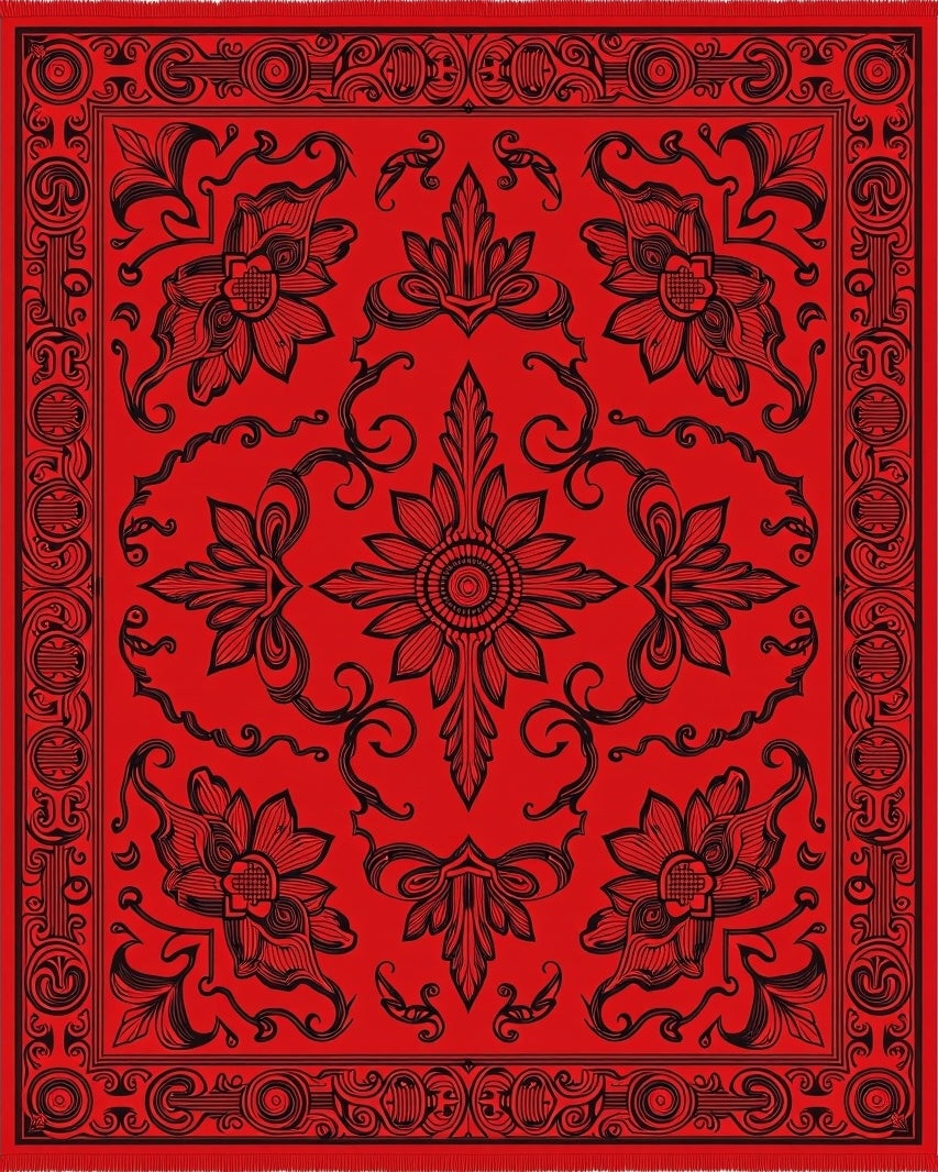 Bold Red Floral Medallion Border Rug