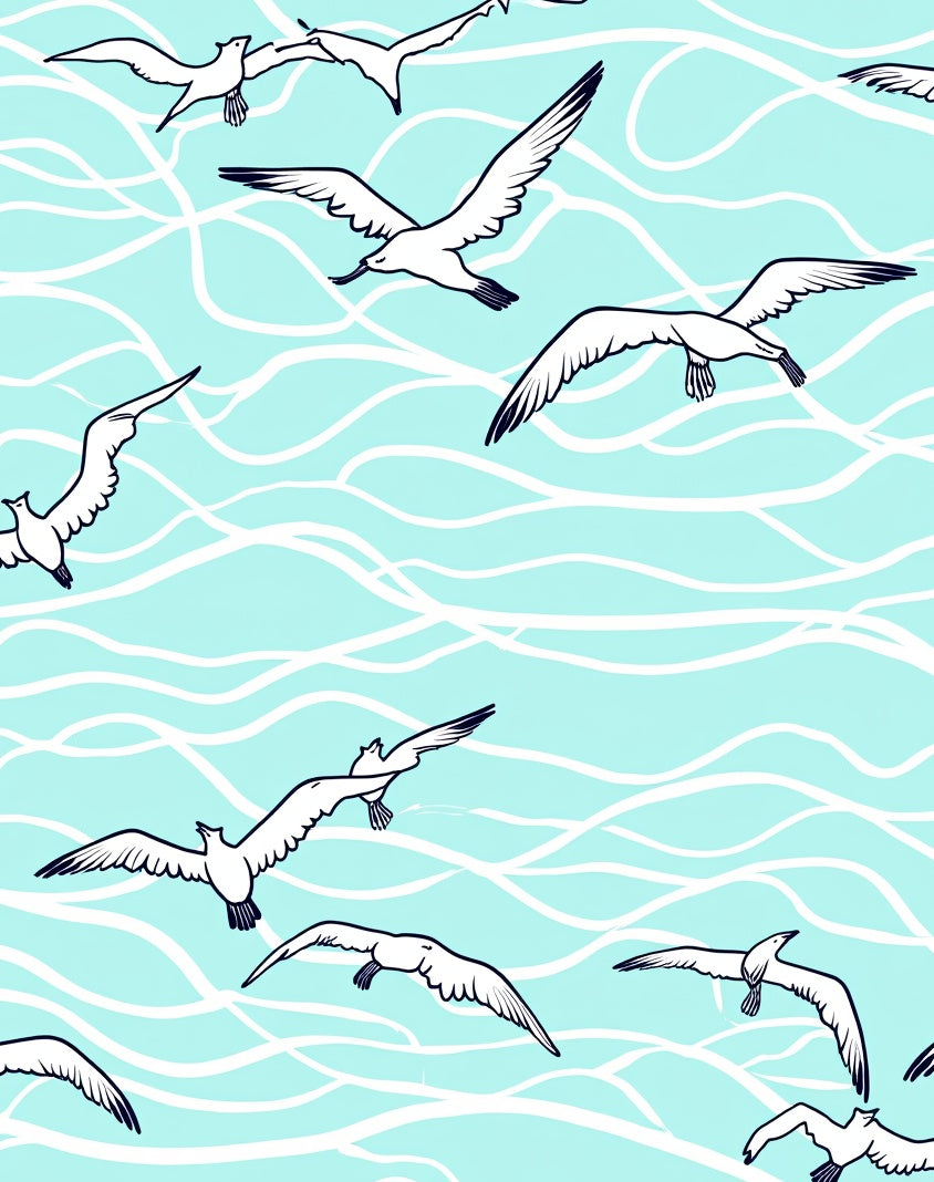 Seagulls Flying Over Wavy Aqua Surface Rug