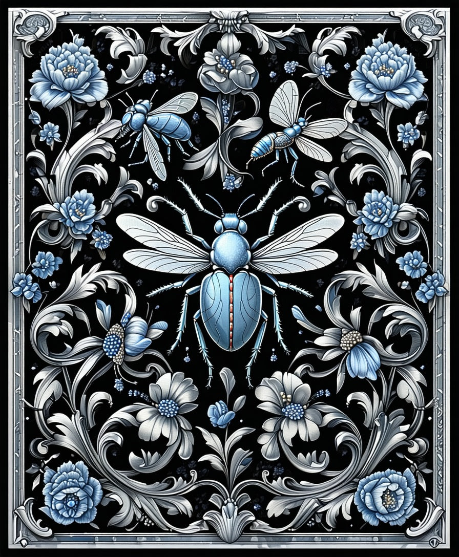 Elegant Blue Insect Floral Scrollwork Rug