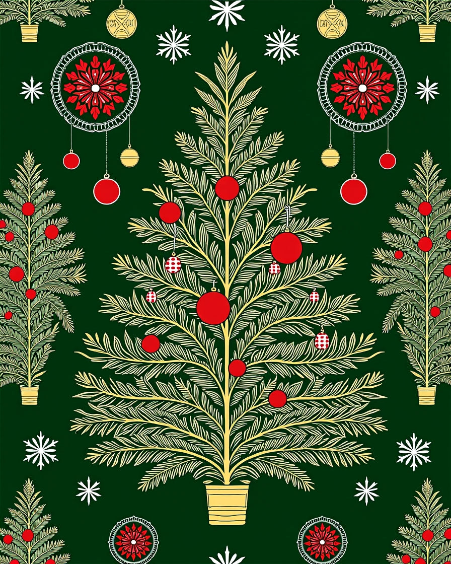 Foliage Christmas Tree Red Ornament Rug