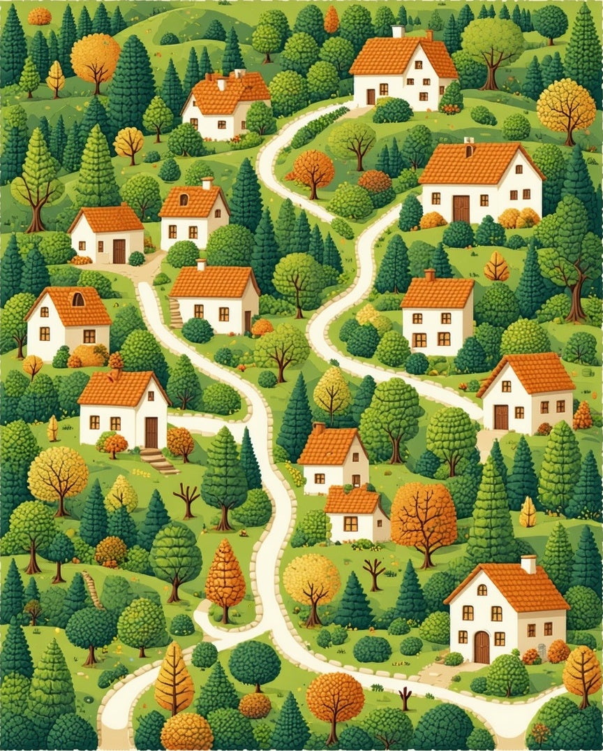 Whimsical Village Cozy Homes Pattern Rug