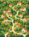 Whimsical Village Cozy Homes Pattern Rug