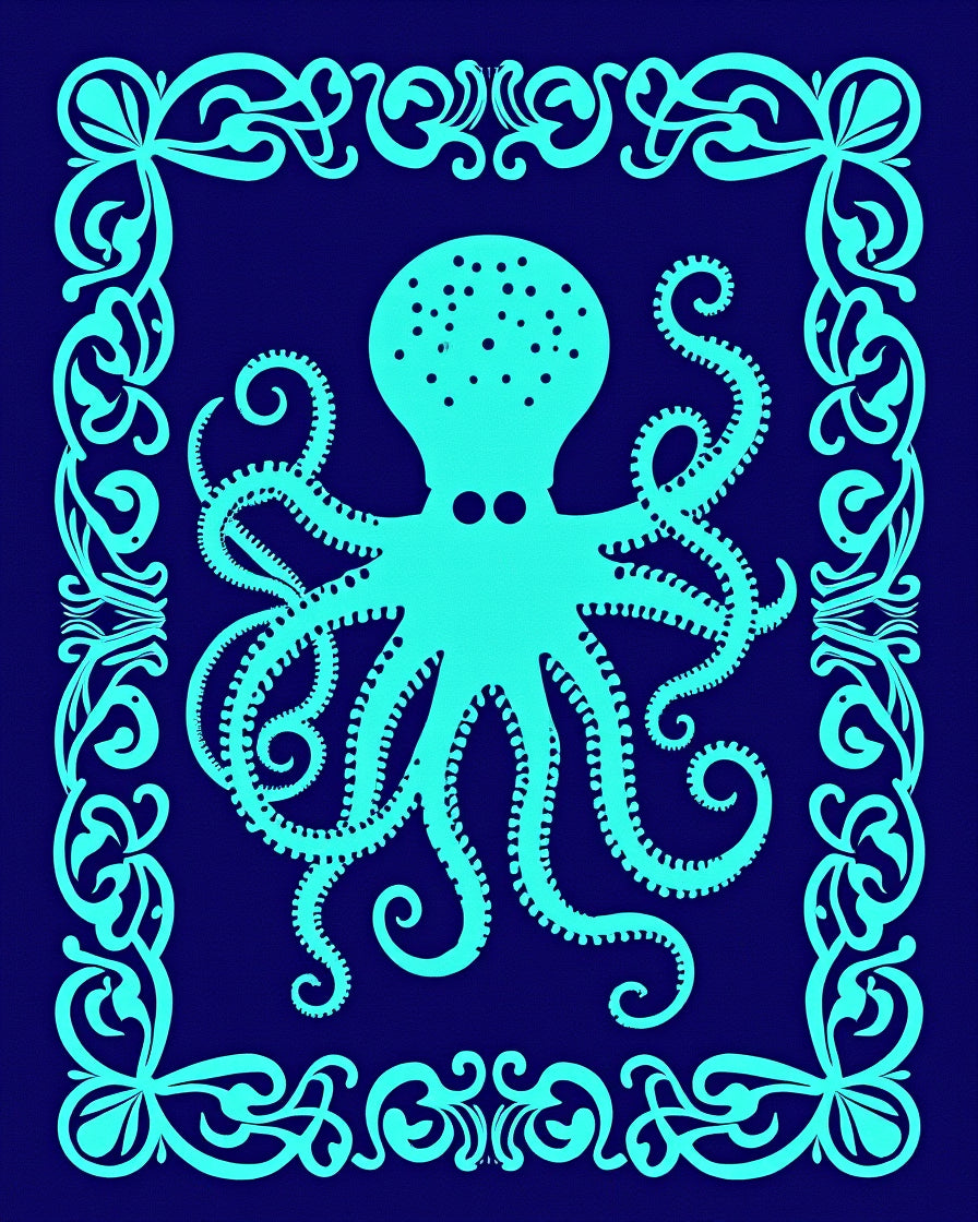 Aqua Octopus With Ornate Border Rug