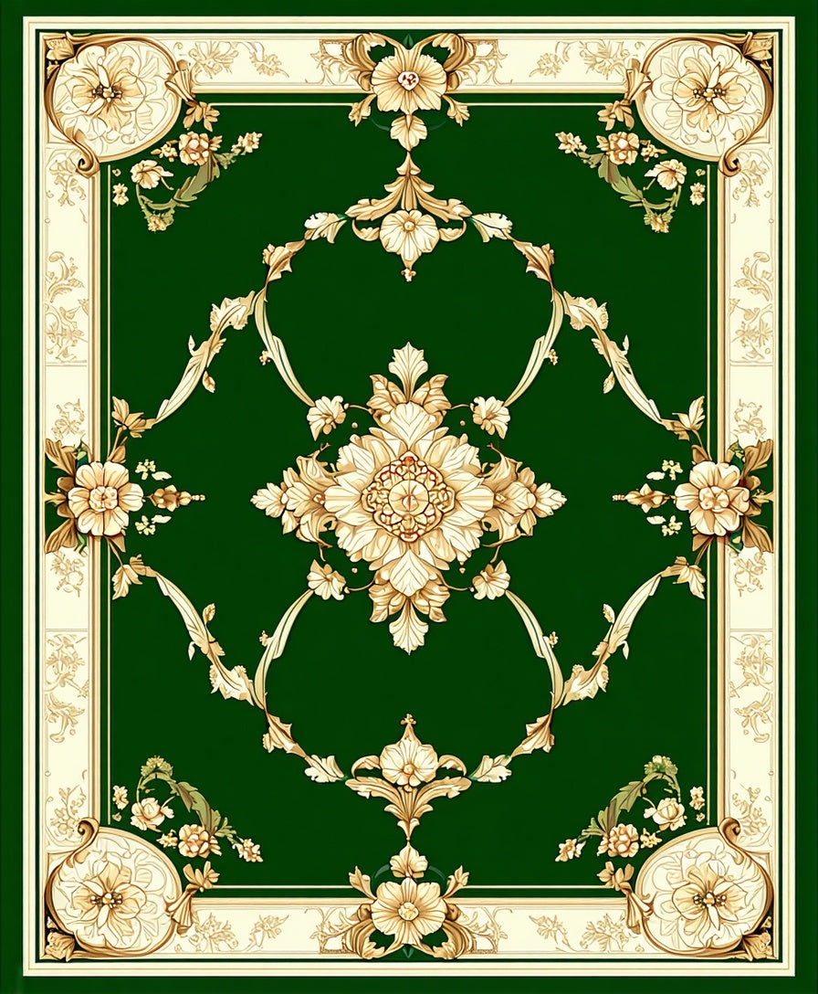 Emerald Green Floral Scroll Pattern Rug