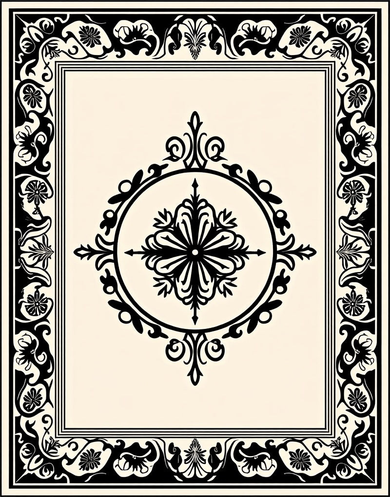 Classic Black Ivory Floral Medallion Design Rug