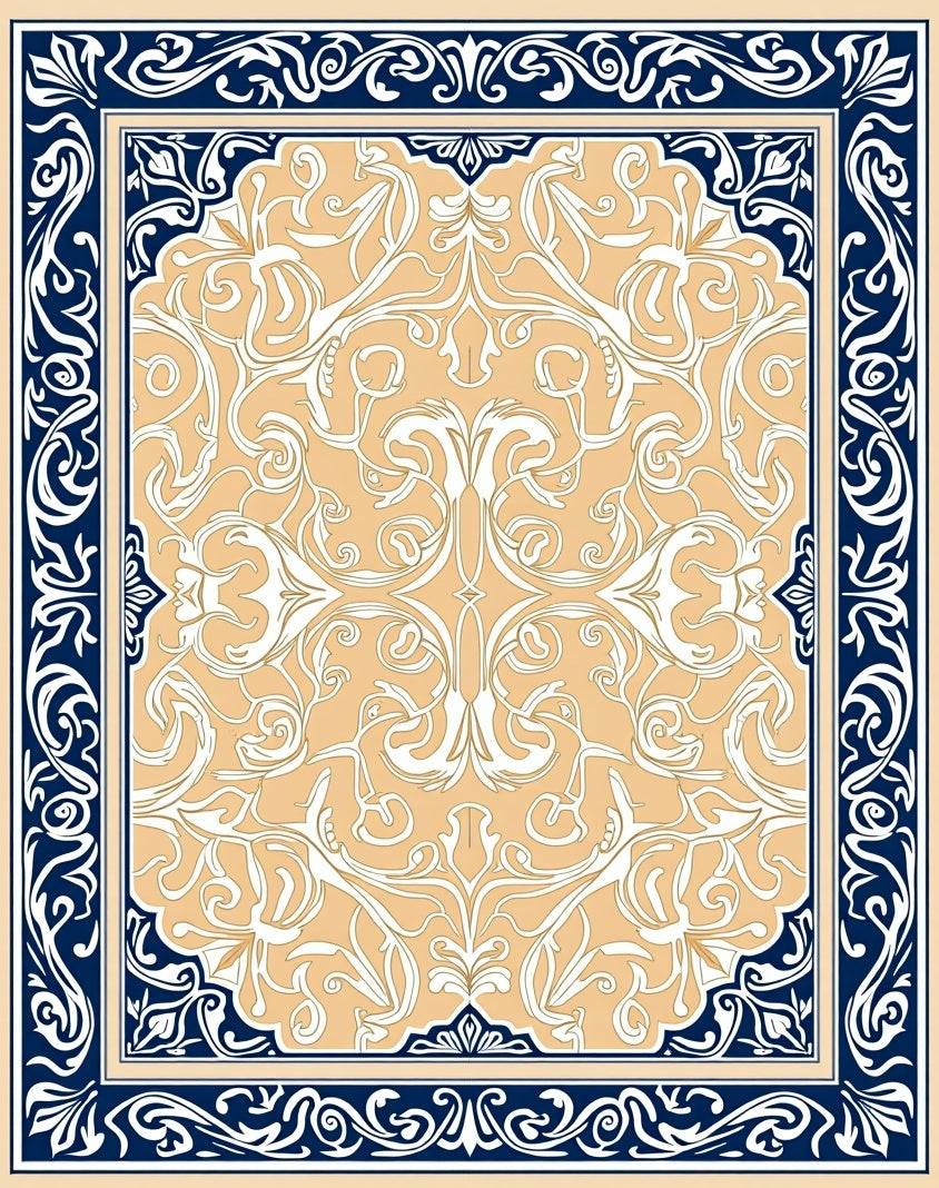 Ornate Cream Navy Floral Scroll Rug