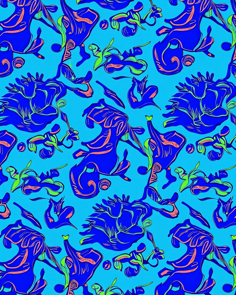 Abstract Blue Floral Swirls Line Art Rug