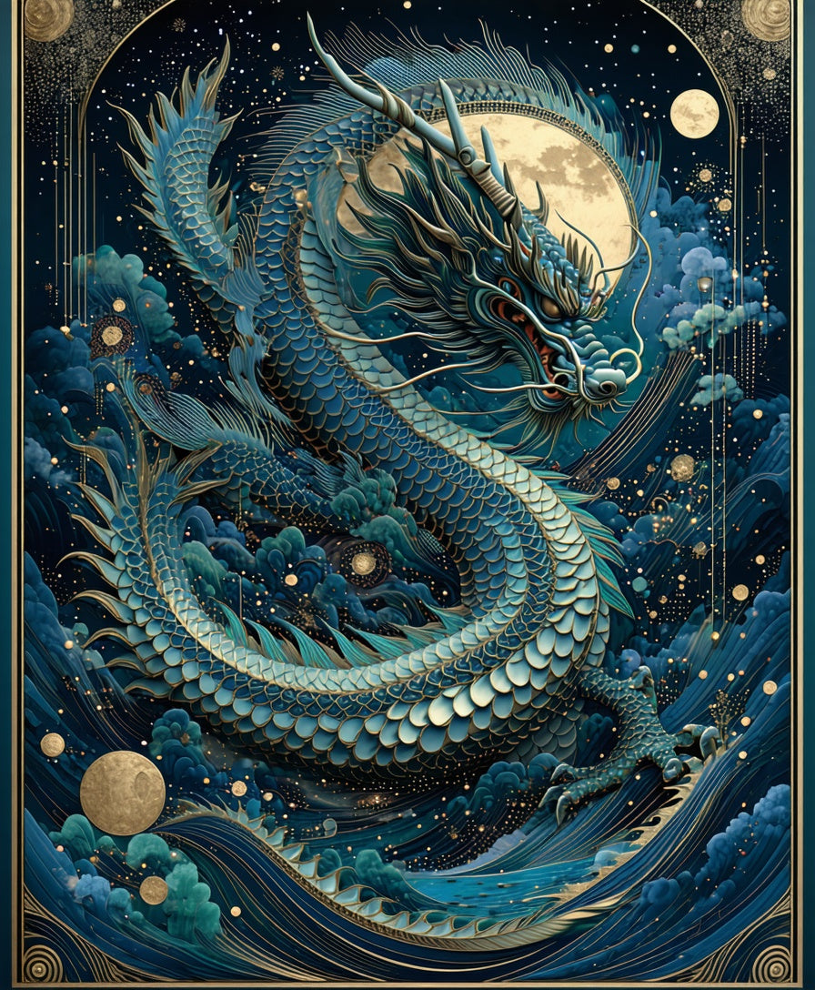 Mythic Dragon Amidst Celestial Waves Rug