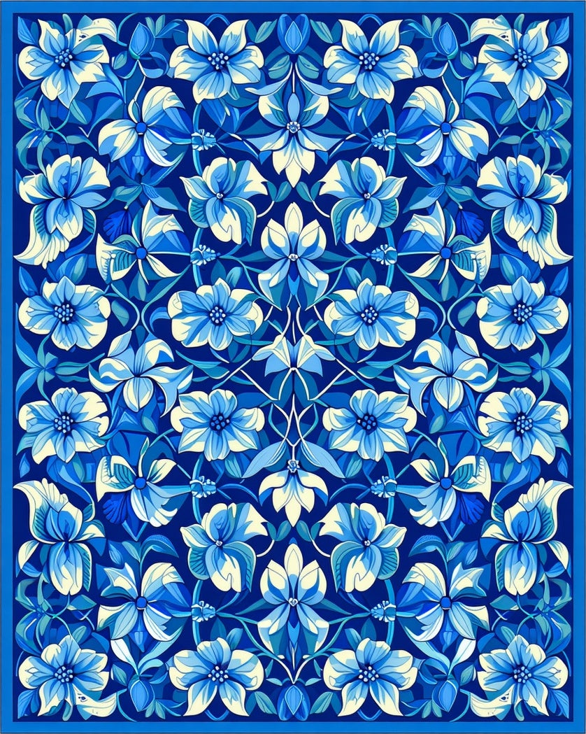 Art Nouveau Blue Floral Symmetry Rug