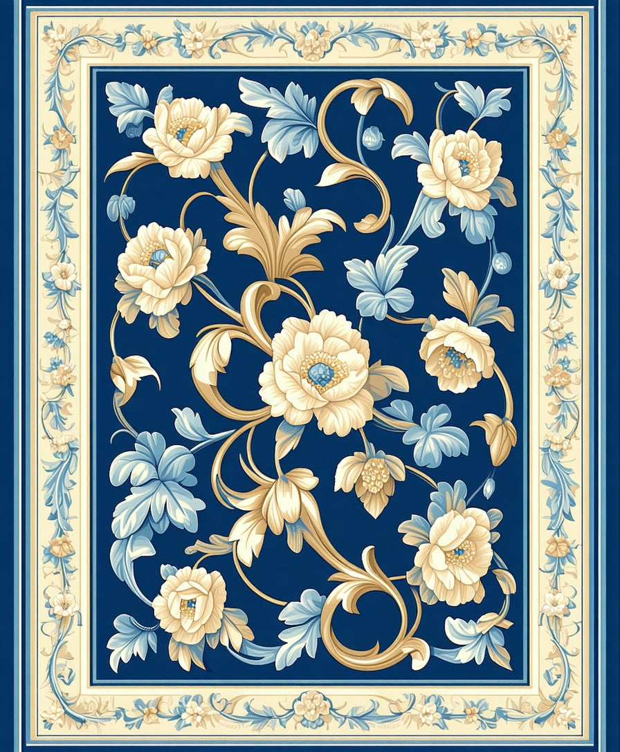 Elegant Blue Floral Vine Pattern Oriental Rug