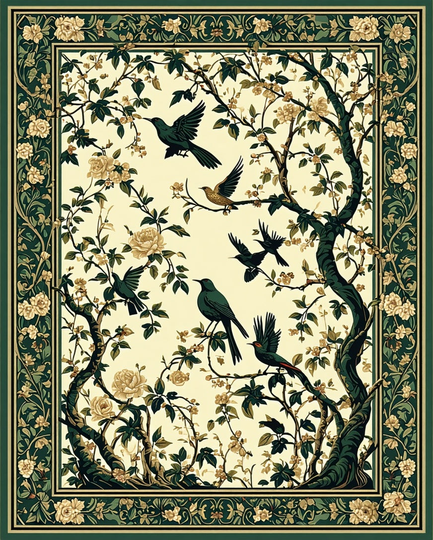 Gilded Bird Tree Floral Pattern Rug