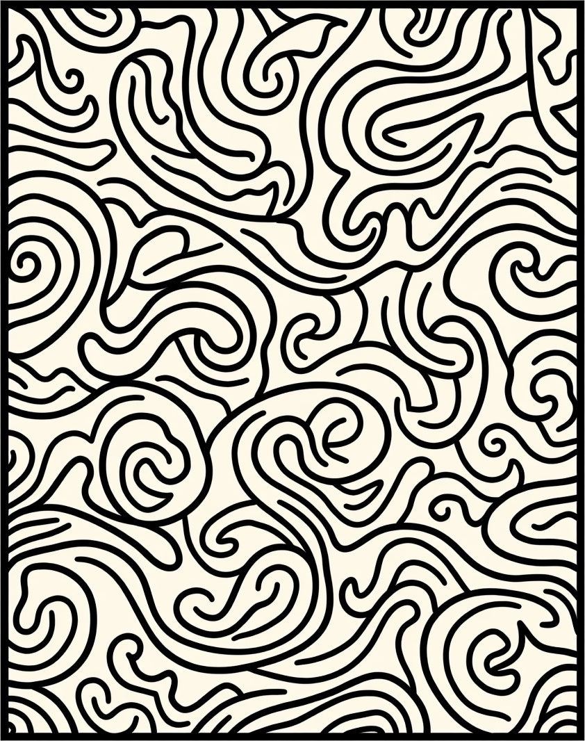Abstract Swirling Black Line Pattern Rug