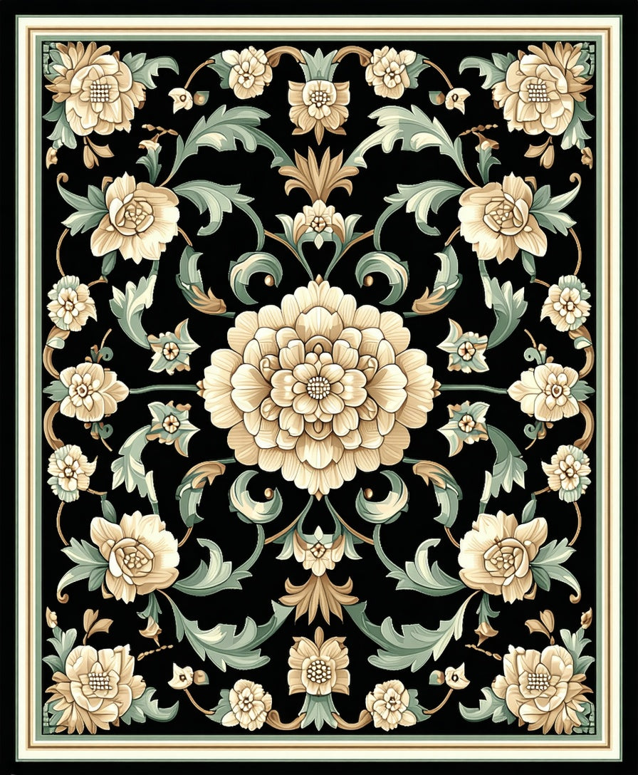 Classic Floral Swirls Beige and Green Rug