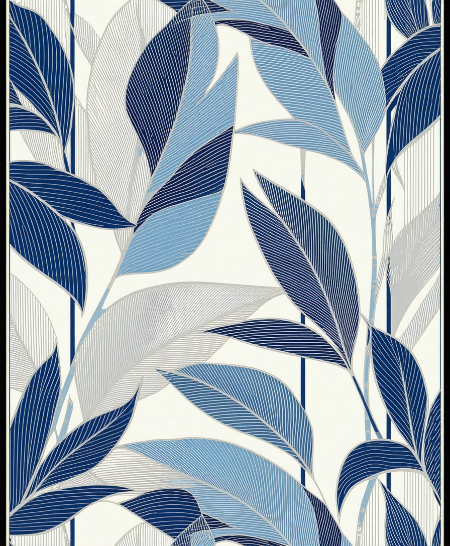 Abstract Blue Leafy Botanical Pattern Rug