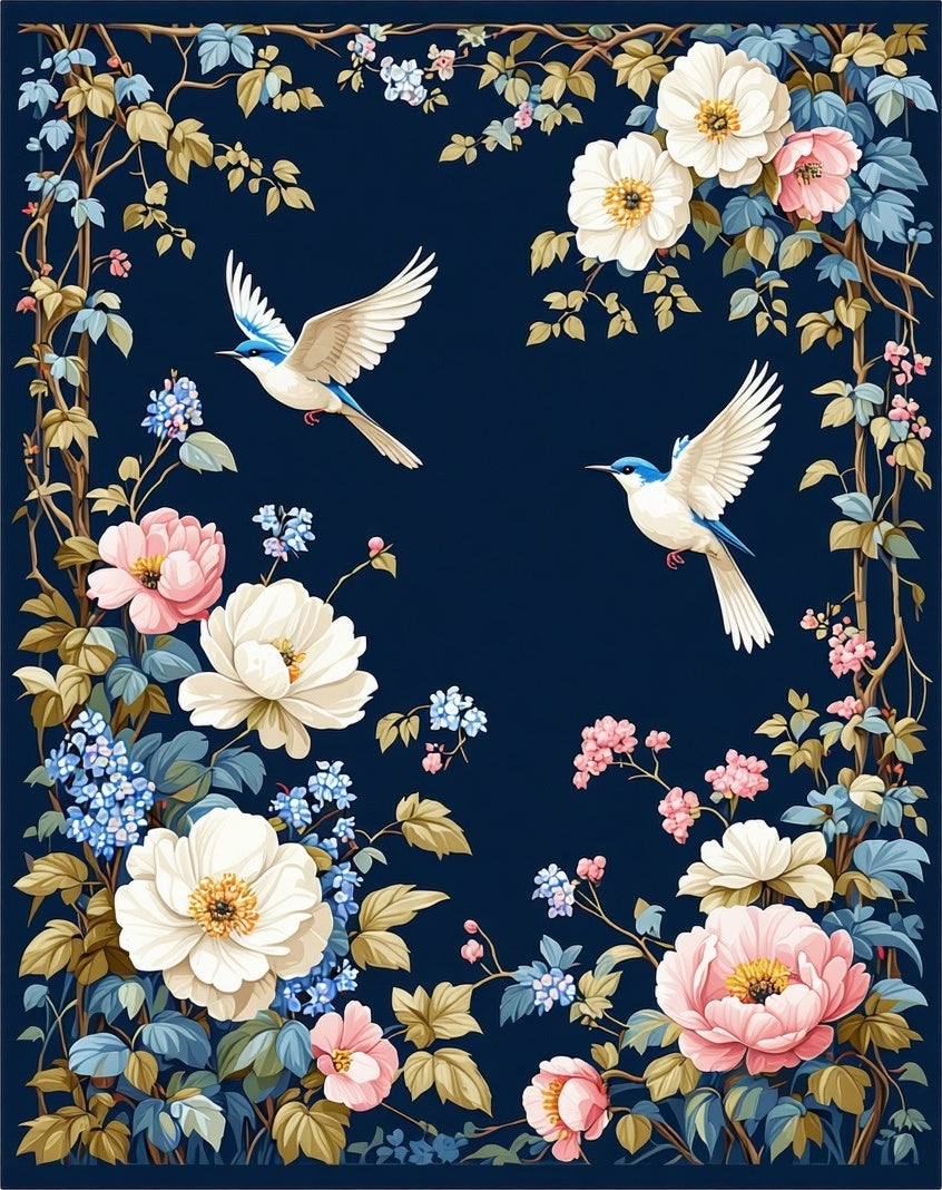 Floral Birds And Blossoms Dark Blue Rug