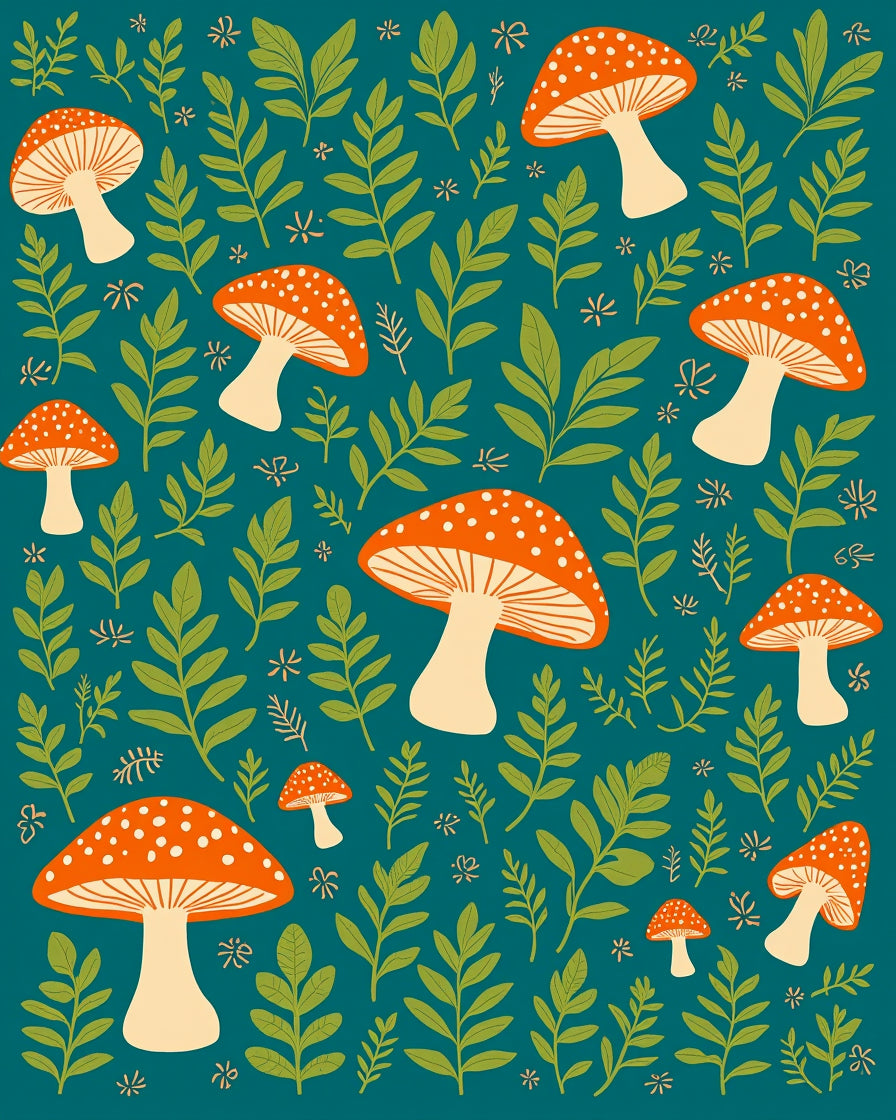 Whimsical Mushroom Leaf Print Rug