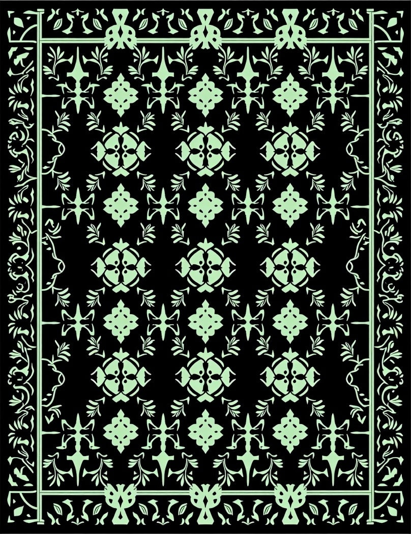 Light Green Black Ornate Floral Rug