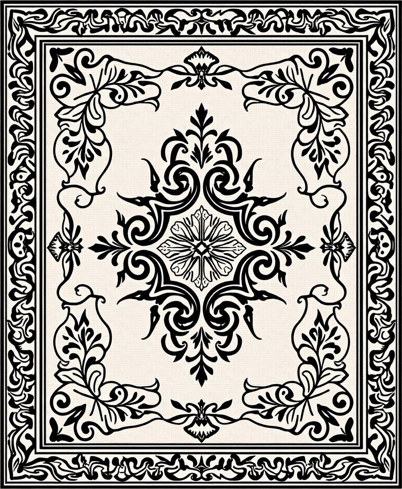 Ornate Floral Border Scroll Scrollwork Design Rug