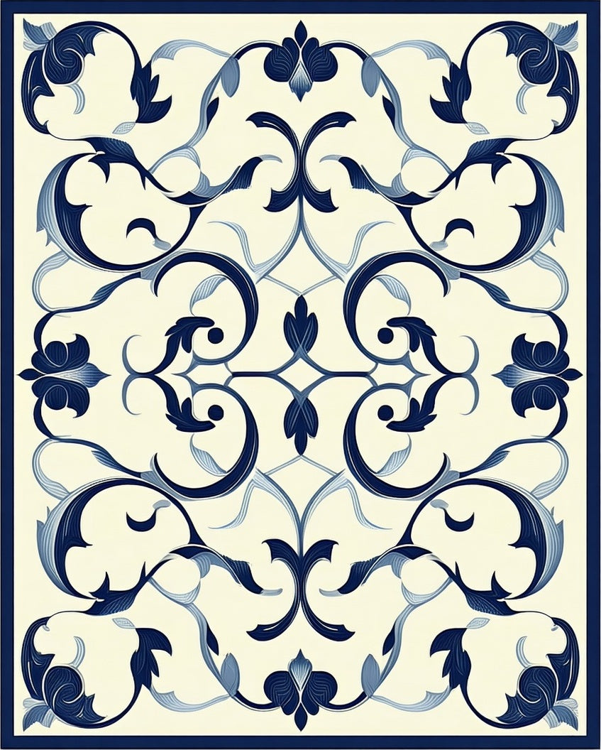 Classic Blue White Floral Scroll Pattern Rug