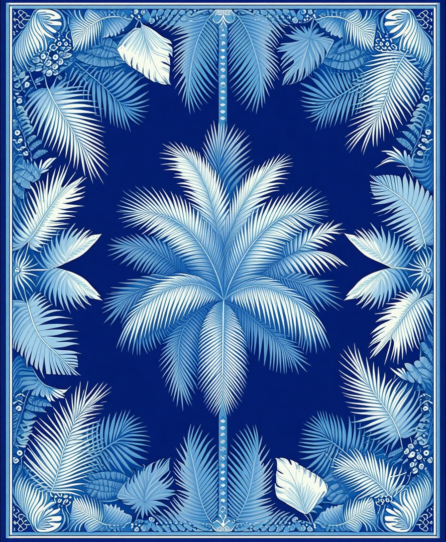 Blue White Tropical Botanical Pattern Rug