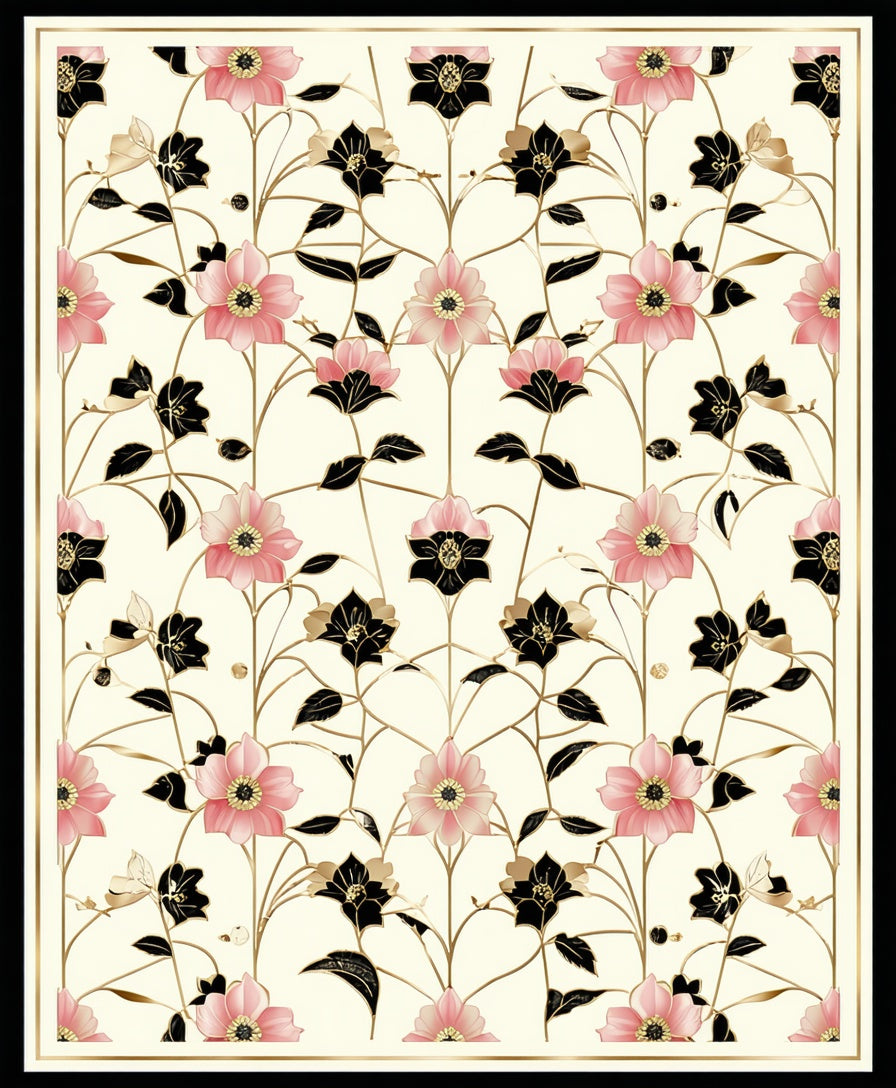 Pink Black Floral Vines Pattern Rug
