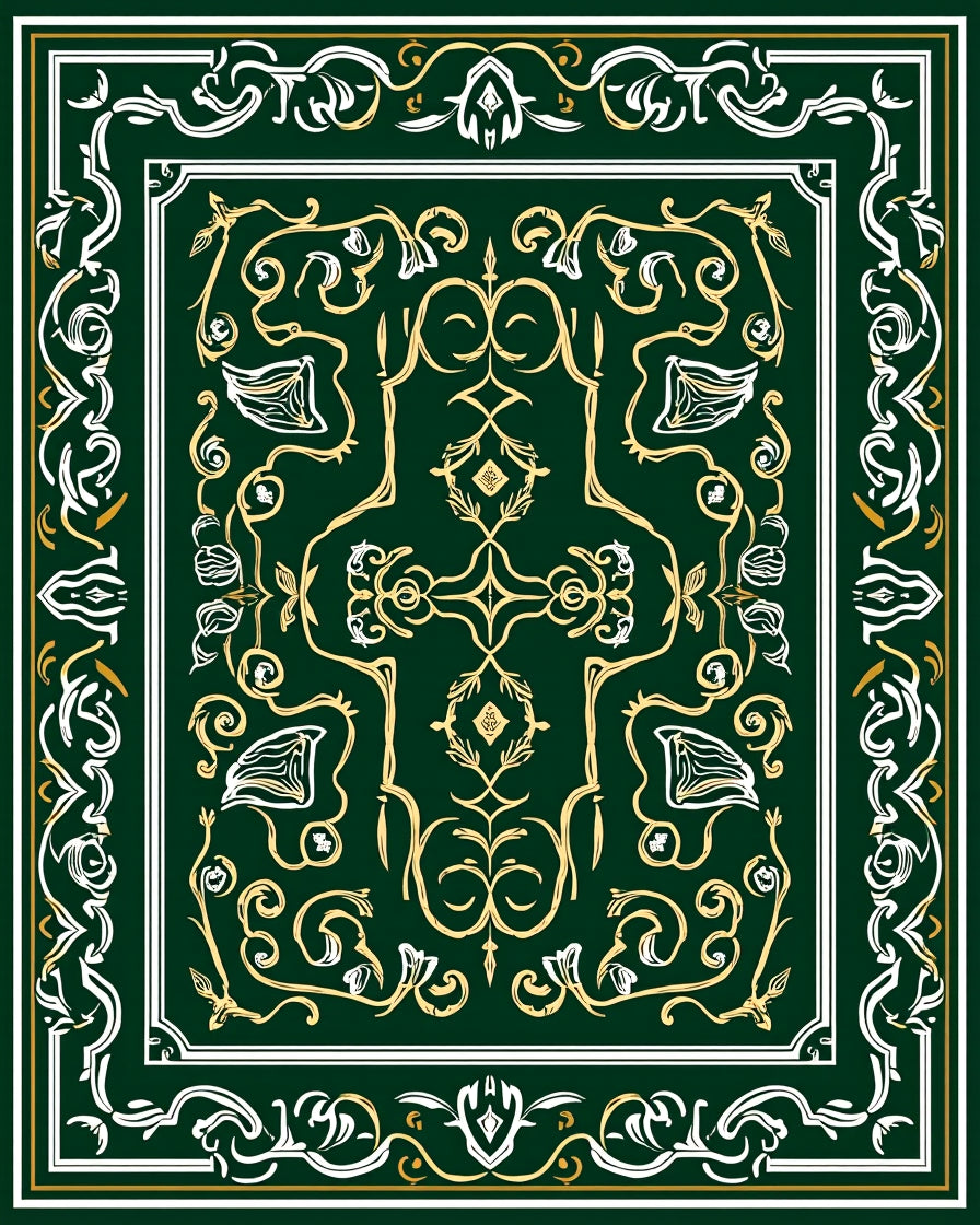 Elegant Floral Scroll Dark Green Design Rug