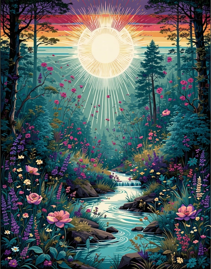Enchanting Forest River Floral Sunburst Rug