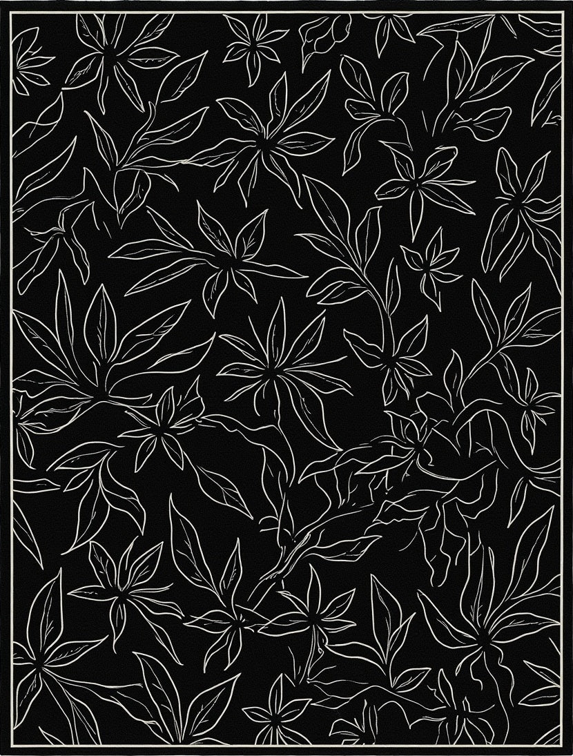 Chic Black White Botanical Pattern Rug