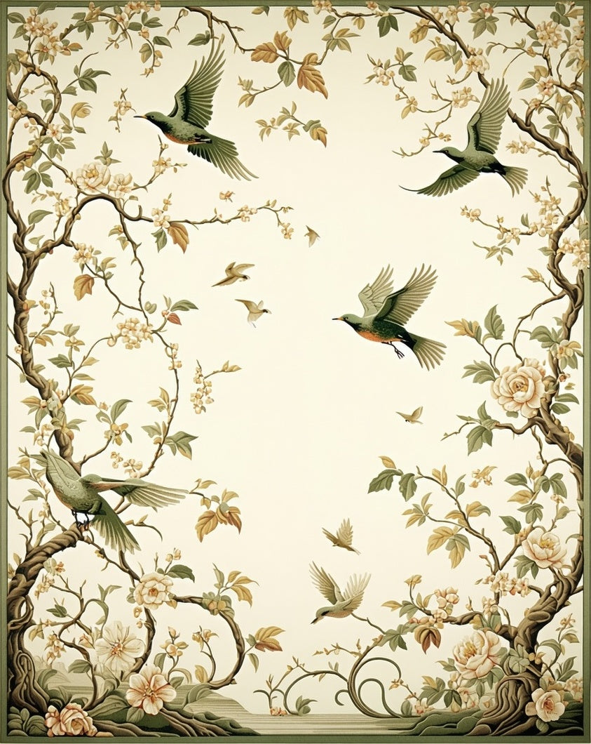 Elegant Birds Blossoms Landscape Rug