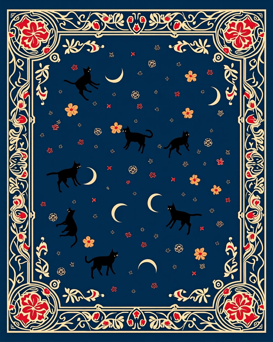 Midnight Feline Crescent Moon Floral Rug
