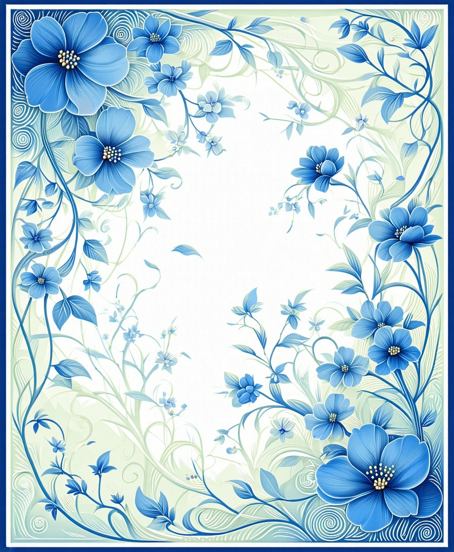 Blue Floral Swirl Border Design Rug
