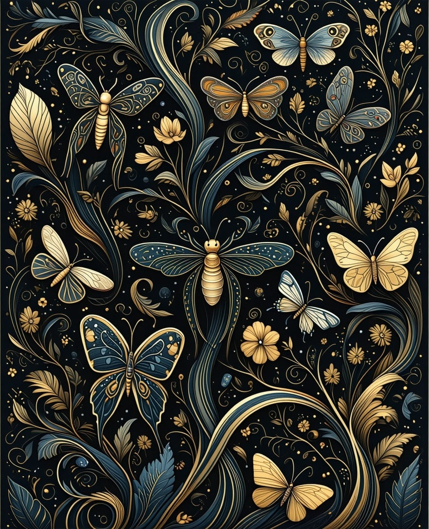 Dark Emerald Gold Butterfly Floral Design Rug