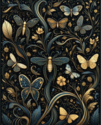 Dark Emerald Gold Butterfly Floral Design Rug