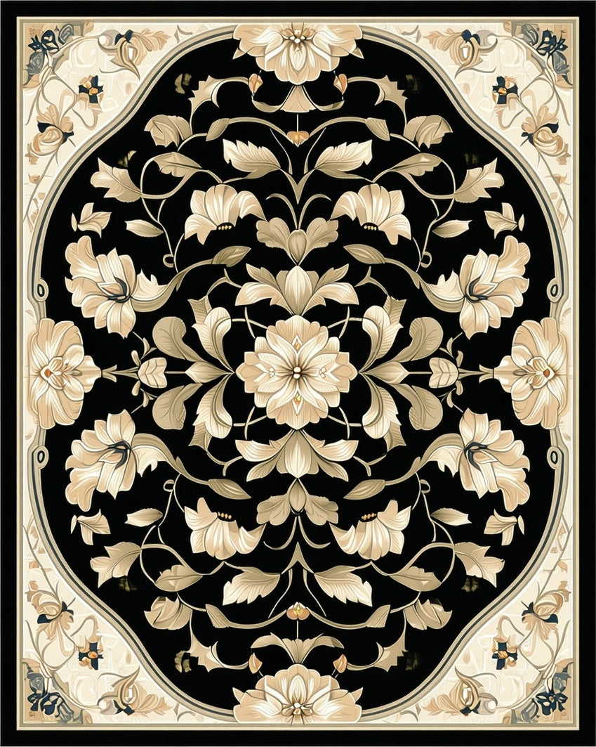 Intricate Floral Mandara Black Tan Rug