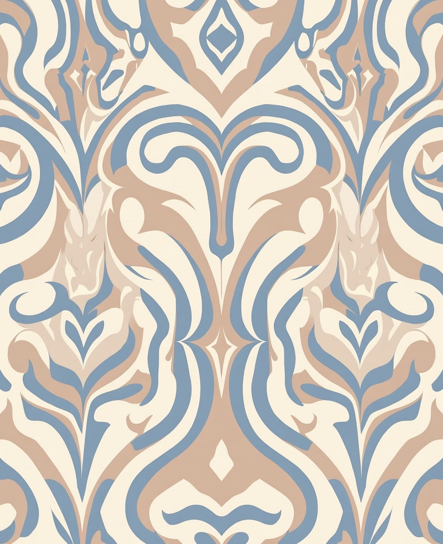 Cream Tan Blue Swirl Pattern Rug