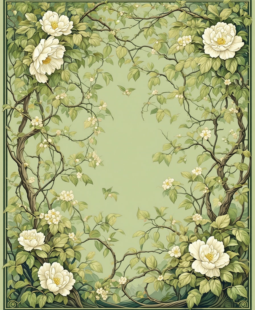 Whimsical White Flower and Vine Border Rug