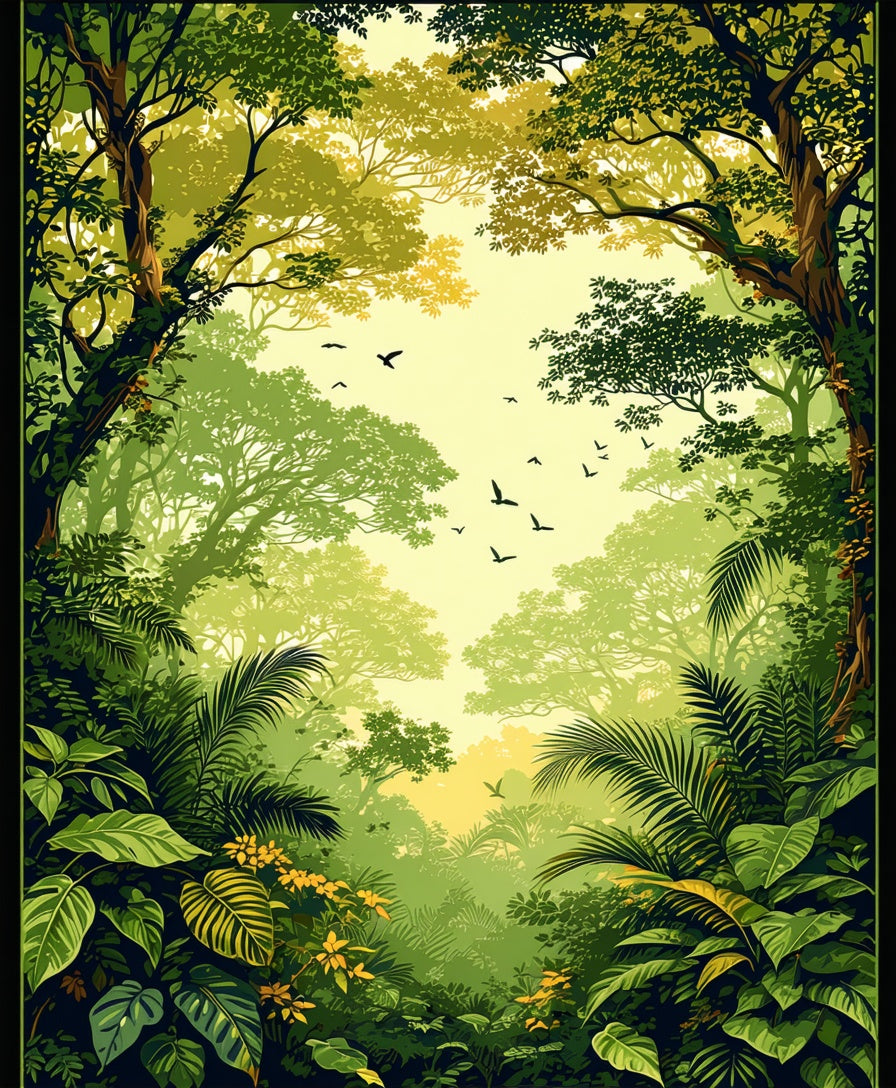 Lush Green Forest with Birds Pattern Rug