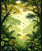 Lush Green Forest with Birds Pattern Rug