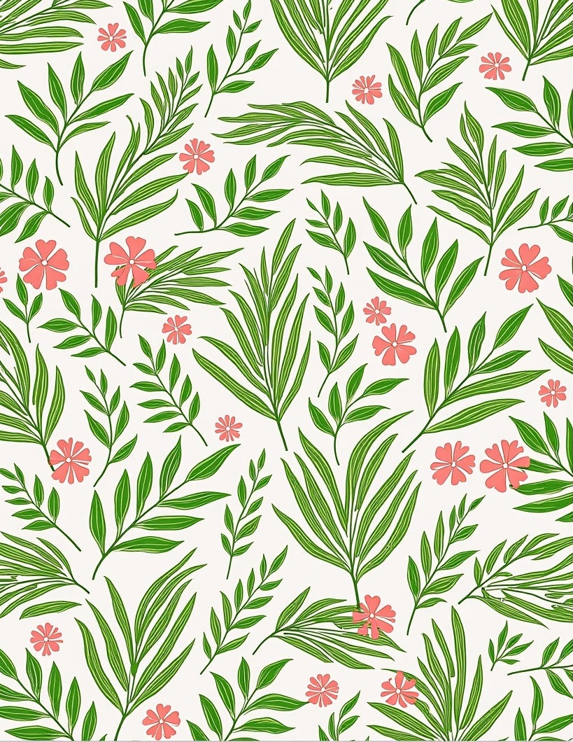 Tropical Green Leaf and Small Flower Pattern Rug