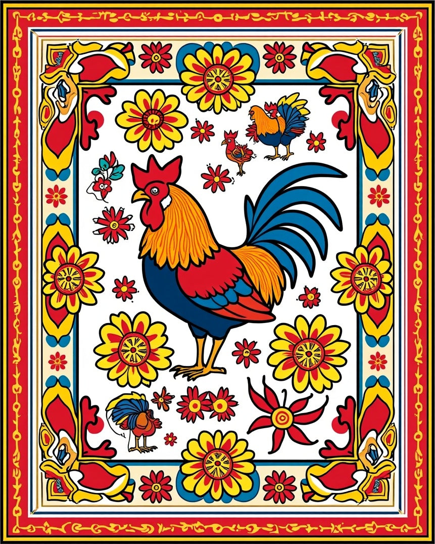 Rooster Floral Pattern In Red Yellow Rug
