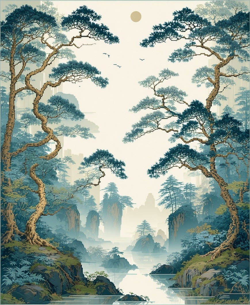 Misty Forest Landscape Pixel Art Rug